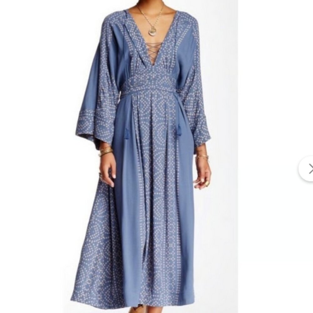 💙 Rare Free People Moroccan Print Kaftan Dress | Size 12 | Boho Gypsy Vibes